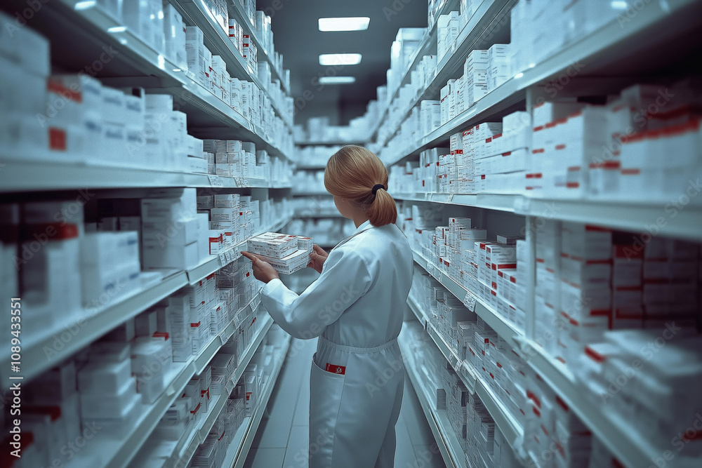 Pharmacist Organizing Medication In A Pharmacy, With Clear Labels And Safety Instructions Prominently Displayed. Pharmacist Organizing Medication In A Pharmacy, With Clear Labels And Safety Instructions Prominently Displayed.