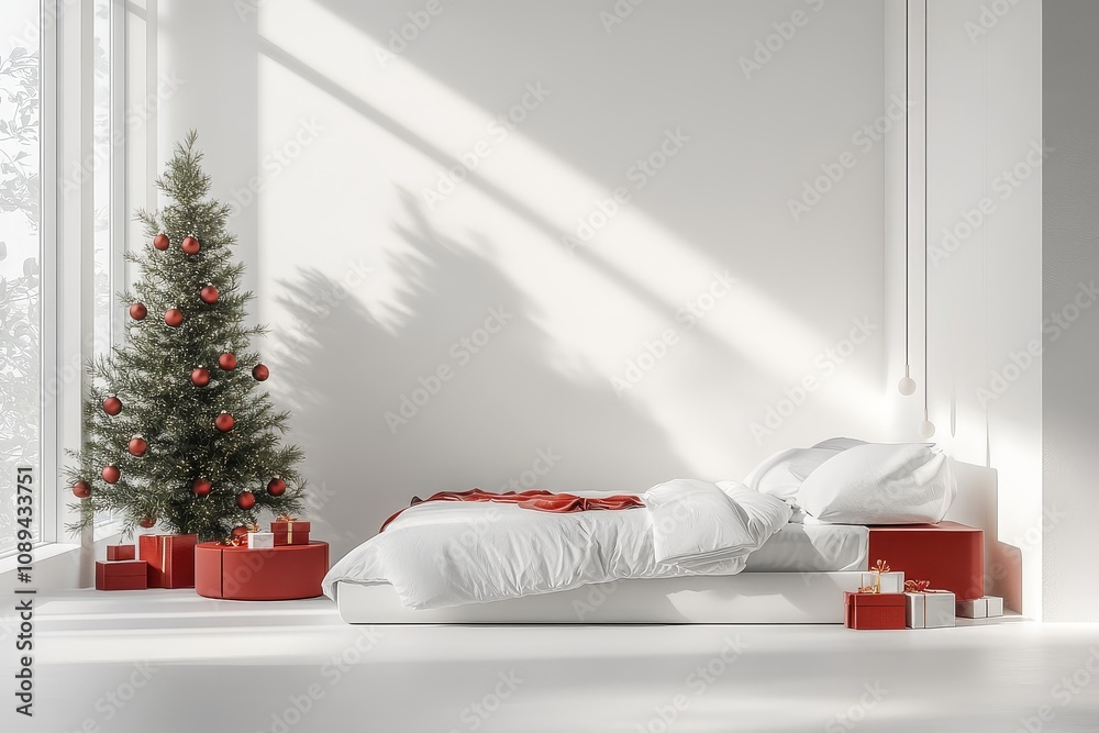 Fototapeta premium Minimalist white bedroom with small Christmas tree, red table, gifts on floor, and white background in photorealistic style