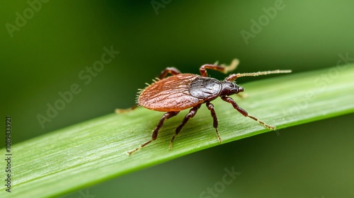 Close-up of a tick crawling on a green leaf, representing the dangers of lyme disease and other tick-borne illnesses photo