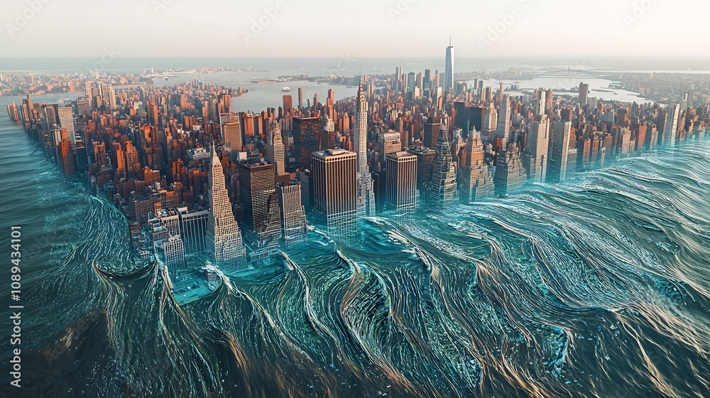 A digital visualization depicting the impact of rising sea levels on ...