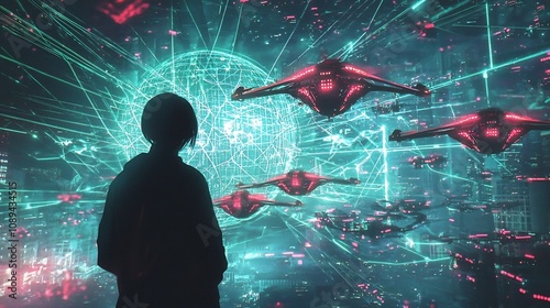 A dystopian scene where a person is engulfed in a web of glowing quantum data streams