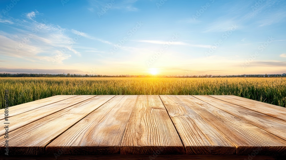 Wooden table surface with a beautiful sunset over a field and sky in the background. Wooden table surface with a beautiful sunset over a field and sky in the background.