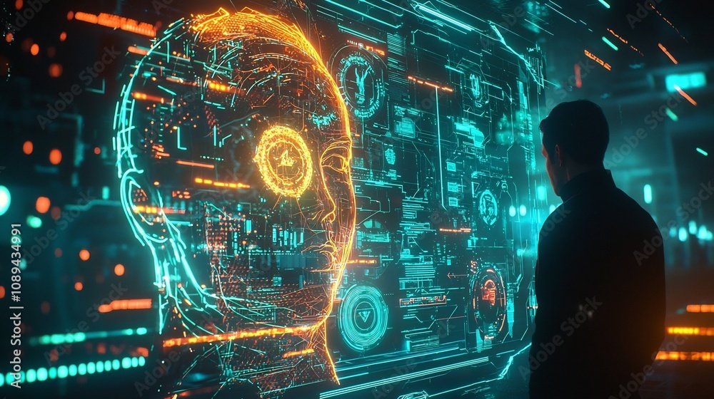 A futuristic corporate scene featuring a businessperson using an advanced digital interface displaying glowing ethics icons