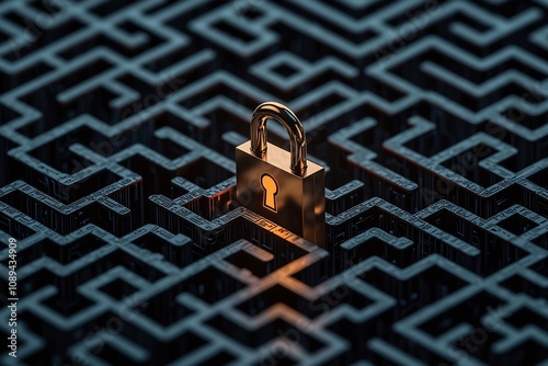 A glowing lock in the center of a digital maze symbolizing the challenge of navigating security challenges in the technological landscape  The image represents the need for innovative solutions