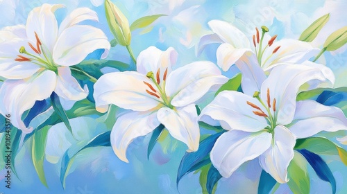 Beautiful white lilies in bloom against a soft blue background, showcasing elegance and tranquility.