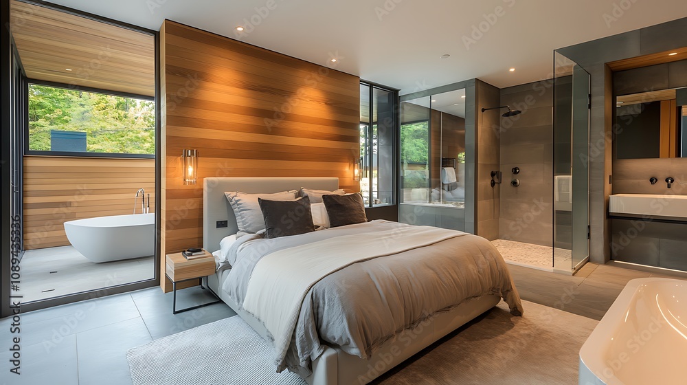 Elegant and Cozy Modern Bedroom Interior Design with Stylish Decor, mockup, poster and Background Elegant and Cozy Modern Bedroom Interior Design with Stylish Decor, mockup, poster and Background