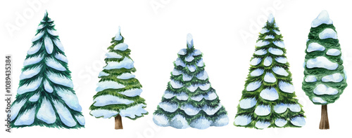 Snowy Christmas trees. Hand drawn watercolor illustrations of coniferous trees in snow isolated on white background. Winter clipart.