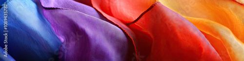 A group of colorful banners huddle together, their hems intertwined, close-up.