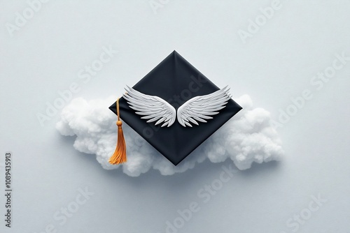 A majestic graduation cap with magnificent wings soaring gracefully above fluffy white clouds symbolizing the boundless potential of academic achievement and personal growth