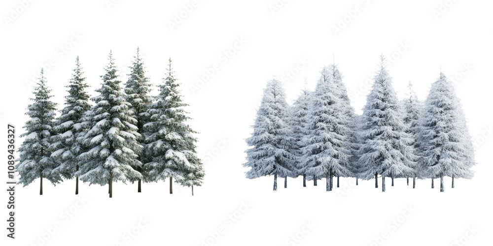 Fototapeta premium A serene winter landscape featuring two clusters of snow-covered evergreen trees, highlighting the beauty of nature in a snowy setting.