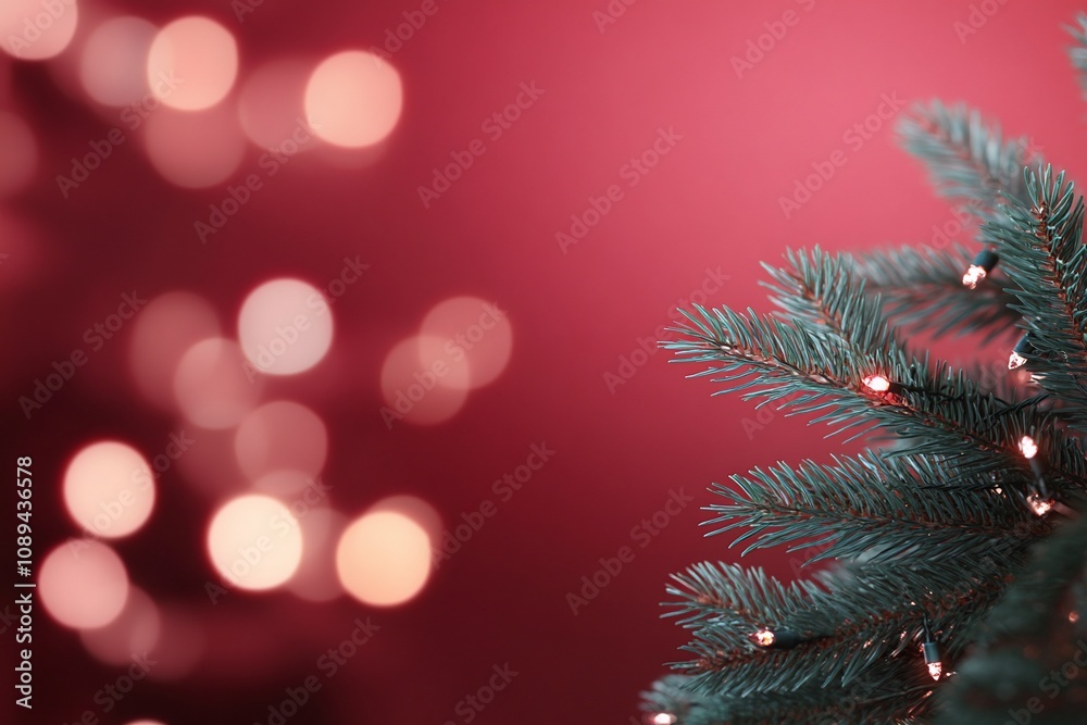 A close-up of a Christmas tree branch with blurred festive lights.