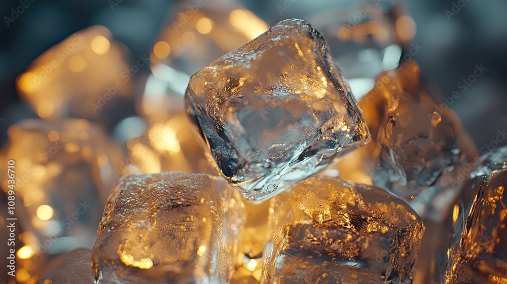 High-definition close-up of ice cubes stacked on top of each other, with light reflections highlighting their clear surfaces. High-definition close-up of ice cubes stacked on top of each other, with light reflections highlighting their clear surfaces.