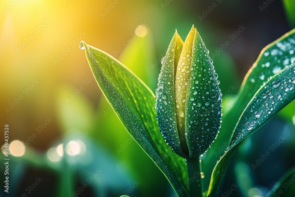 Fresh morning dew on emerging tulip bud under warm sunlight Fresh morning dew on emerging tulip bud under warm sunlight