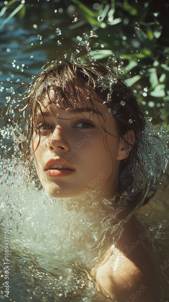 Fototapeta premium woman dancing by the water with action shot with water droplets splashing
