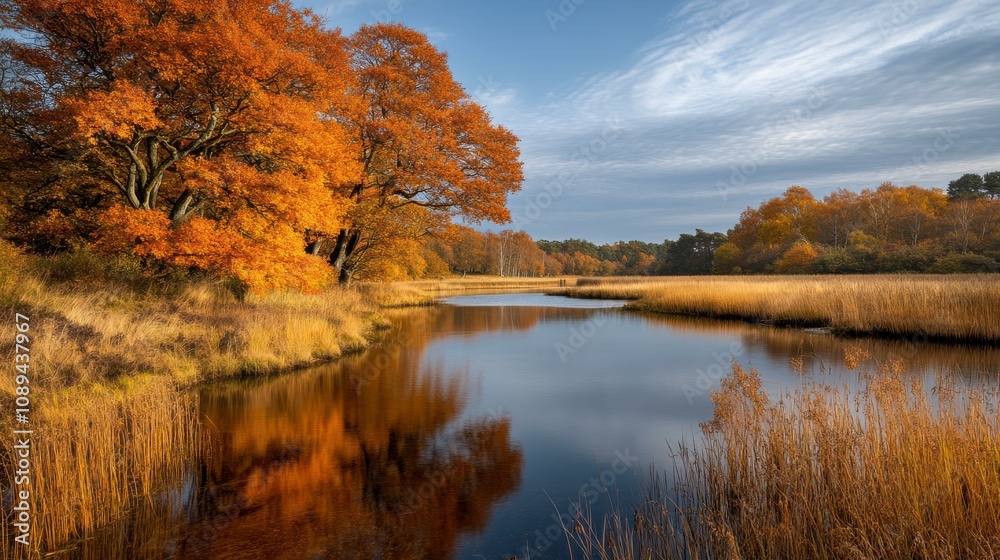 Captivating Autumn Landscape with Reflective River and Vibrant Foliage Captivating Autumn Landscape with Reflective River and Vibrant Foliage