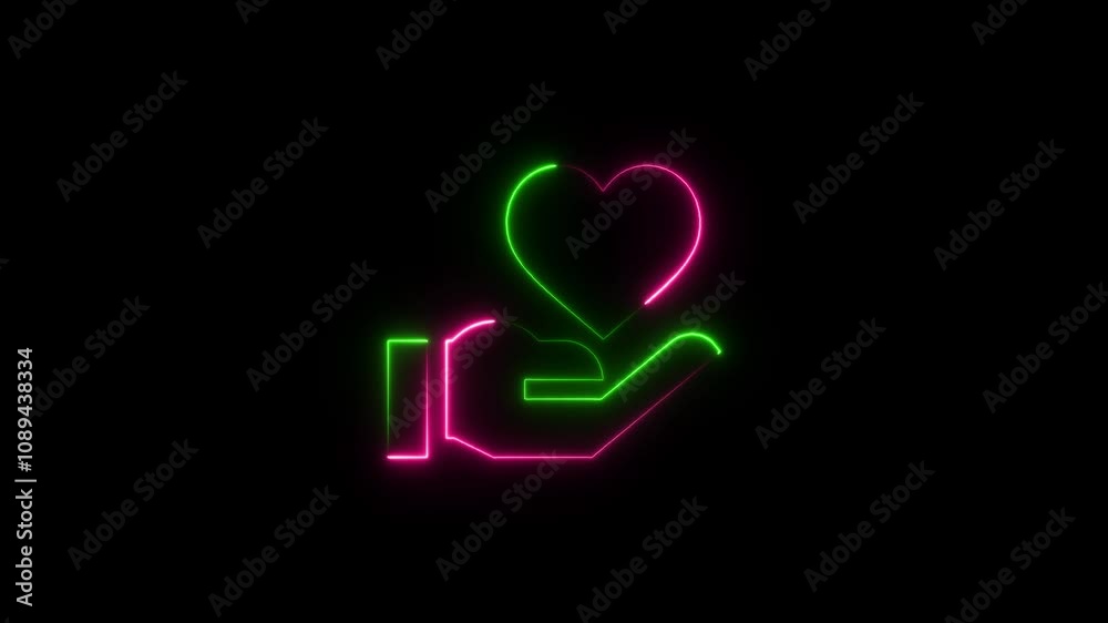glowing neon Hand holding a heart love icon on a dark background.. glowing neon Hand holding a heart love icon on a dark background..