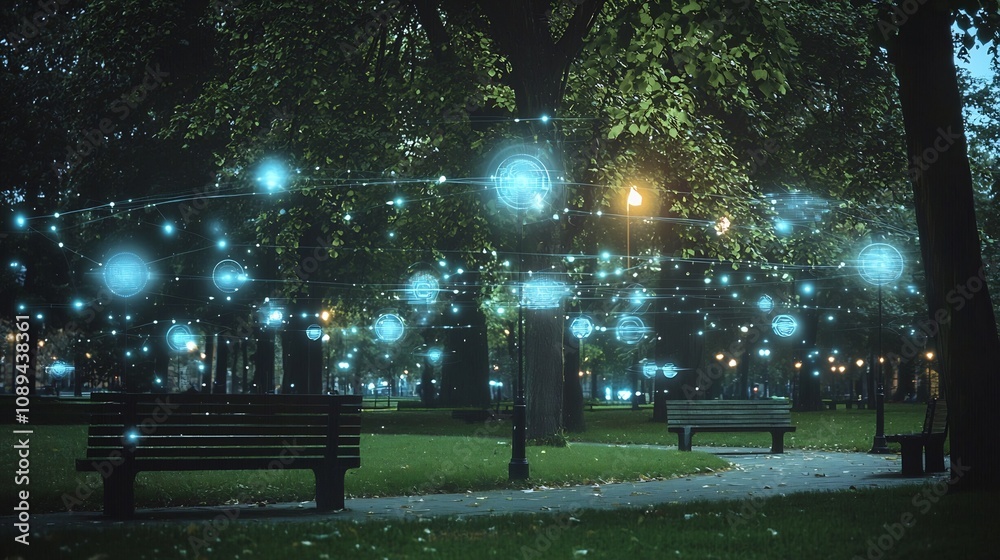 Obraz premium A serene and tranquil urban park at night with an eerie overlay of an invisible futuristic surveillance grid and faint glowing quantum nodes tracking movements through the peaceful environment