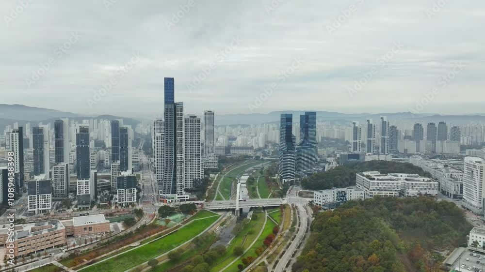 Drone View of Sejong City in South Korea, Park, Autumn, 60fps Drone View of Sejong City in South Korea, Park, Autumn, 60fps