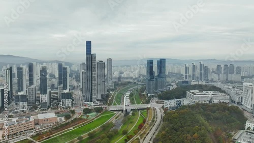 Drone View of Sejong City in South Korea, Park, Autumn, 60fps photo