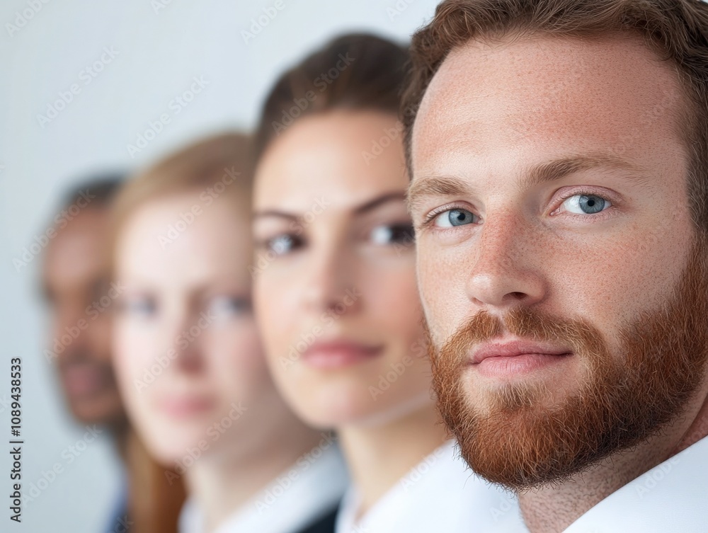 diverse group of professionals in a line with a focus on one individual diverse group of professionals in a line with a focus on one individual