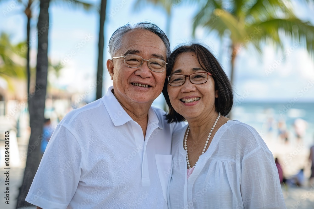 Portrait of a joyful asian couple in their 60s wearing a simple cotton shirt over bustling beach resort background Portrait of a joyful asian couple in their 60s wearing a simple cotton shirt over bustling beach resort background
