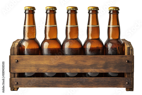 Beer bottles in an old wooden box on white background photo