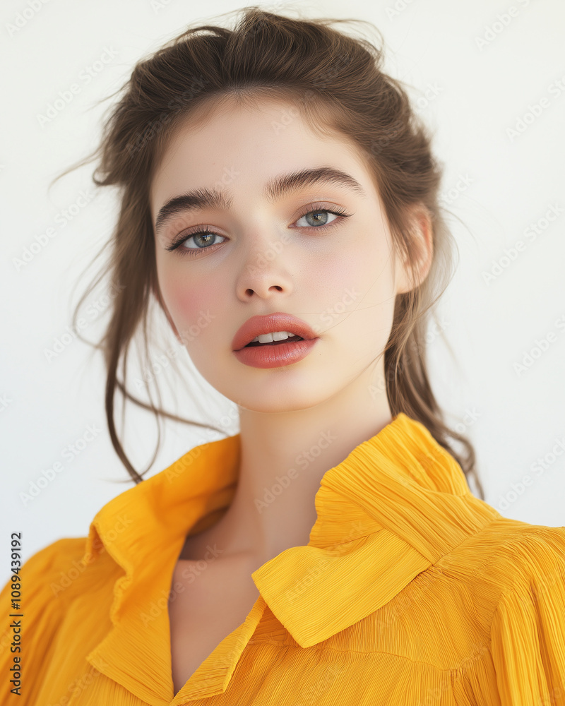 Elegant woman in yellow blouse with natural makeup and soft expression Elegant woman in yellow blouse with natural makeup and soft expression