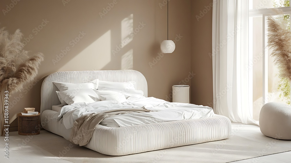 Obraz premium Elegant and Cozy Modern Bedroom Interior Design with Stylish Decor, mockup, poster and Background