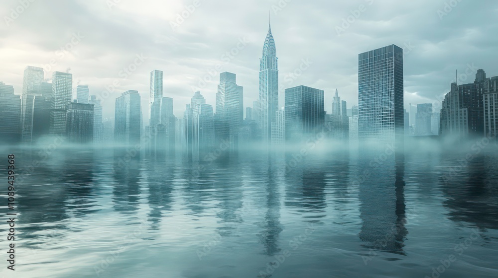 A misty cityscape with tall buildings reflected in the water. A misty cityscape with tall buildings reflected in the water.