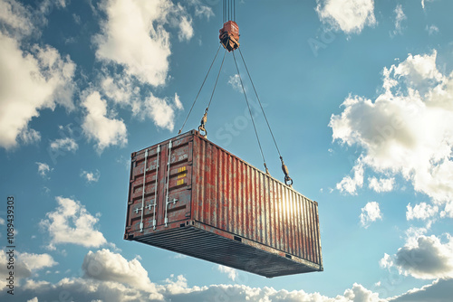 Cargo container suspended in the sky, captured with a wide-angle lens showcasing sleek design and rustic charm against a backdrop of clouds photo