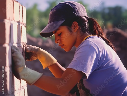 Bricklayer woman Brickmason masonry women manual labor construction worker photo