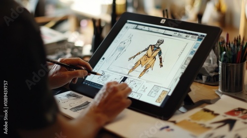 Creative digital art creation home studio illustration process artistic environment close-up viewpoint design concept for art enthusiasts photo