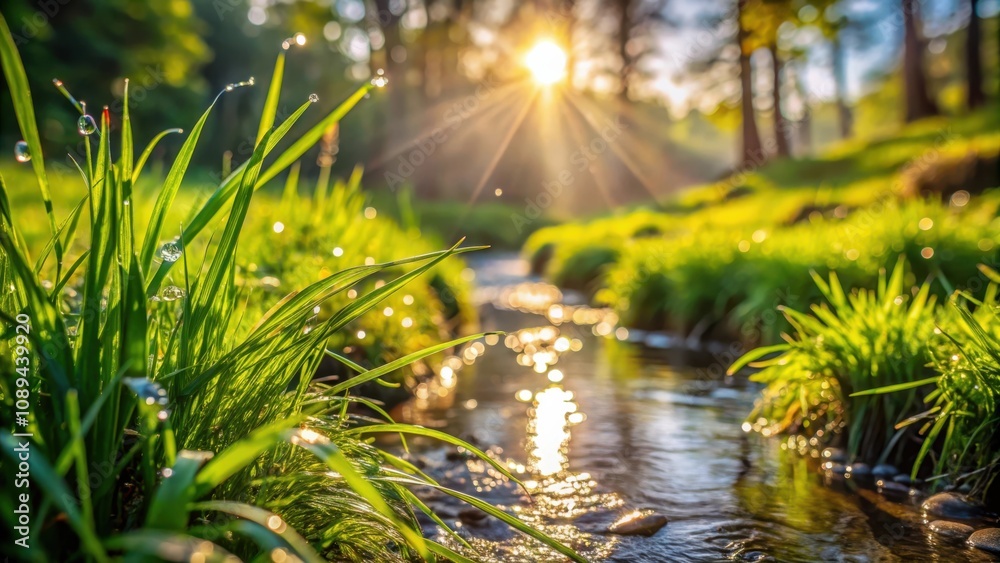 Sunbeams reflecting on the surface of a small stream in a lush forest, casting a warm glow on the dew-kissed blades of grass Sunbeams reflecting on the surface of a small stream in a lush forest, casting a warm glow on the dew-kissed blades of grass