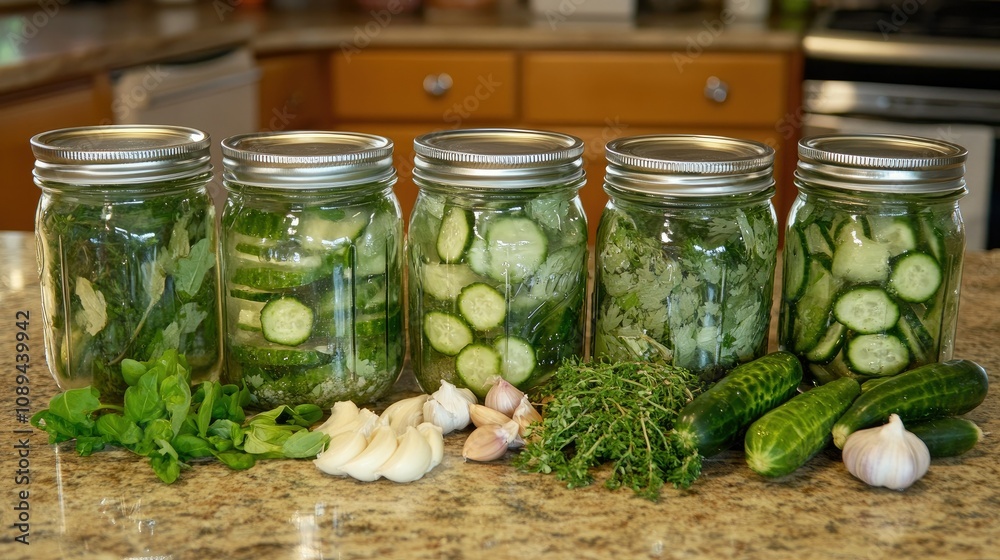 Jars filled with cucumbers, garlic, and herbs, arranged on a kitchen counter, with fresh ingredients scattered nearby Jars filled with cucumbers, garlic, and herbs, arranged on a kitchen counter, with fresh ingredients scattered nearby