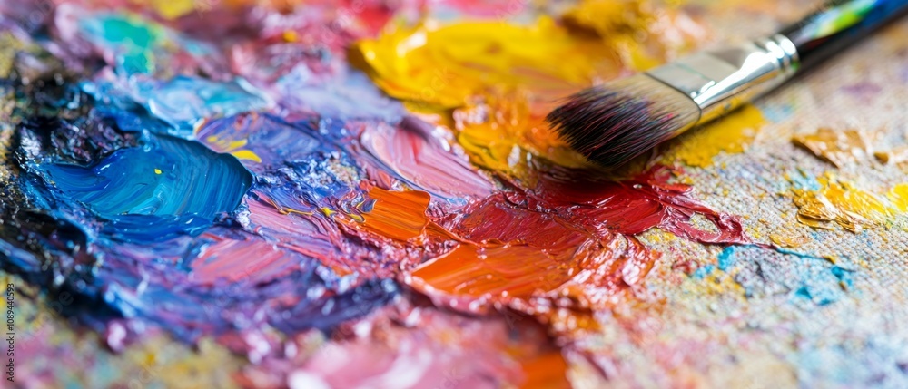 Vibrant Palette of Oil Paints with Brush on Canvas, Capturing the Artistic Spirit of Colorful Creativity and Expression in Artistic Techniques and Mixing Shades Vibrant Palette of Oil Paints with Brush on Canvas, Capturing the Artistic Spirit of Colorful Creativity and Expression in Artistic Techniques and Mixing Shades