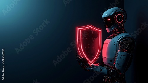 An robot holding a glowing red shield symbolizing automated protection against cyber threats and digital security in the modern futuristic technology landscape