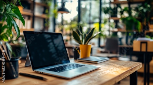 Wallpaper Mural laptop computer mockup and accessories on a white desk in a modern office. Office workspace Torontodigital.ca