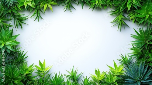 Lush green foliage frame on white background.