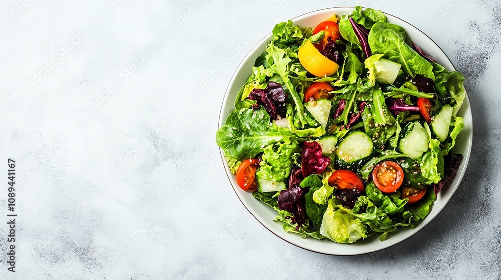 Fresh green salad with assorted vegetables in a white bowl on a light background. Fresh green salad with assorted vegetables in a white bowl on a light background.