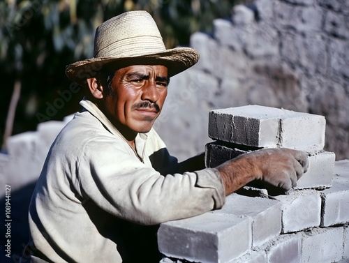 Bricklayer man Brickmason masonry men manual labor construction worker photo