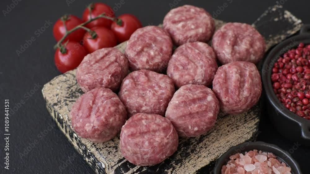 Raw meatballs of minced meat beef, pork or chicken with salt, spices and herbs on a dark concrete background Raw meatballs of minced meat beef, pork or chicken with salt, spices and herbs on a dark concrete background