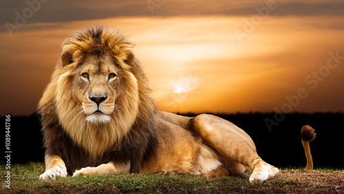 A lion lies in the savannah at sunset.