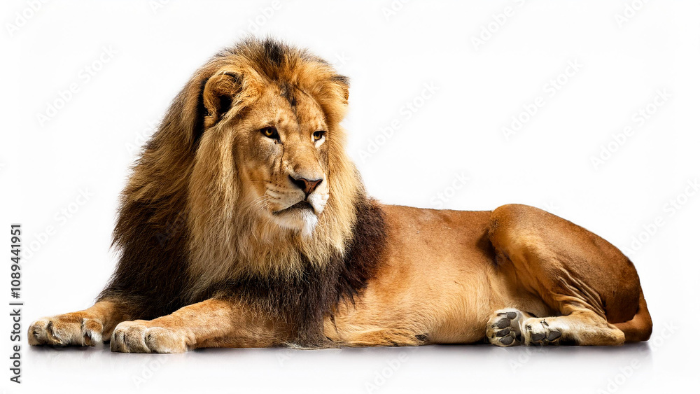 A lion is resting on a white background. A lion is resting on a white background.