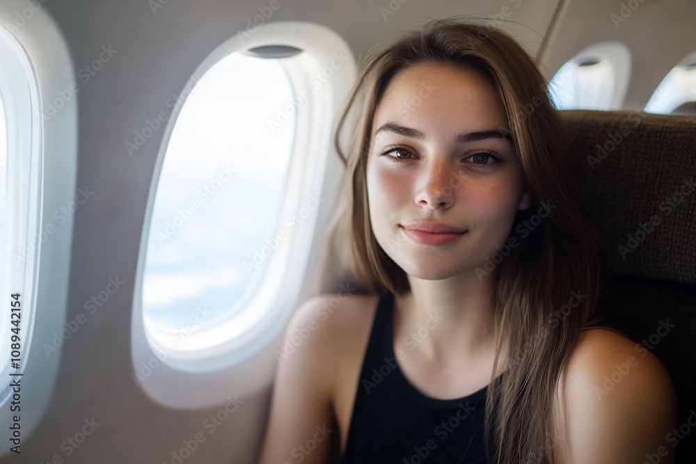 A young woman sitting by an airplane window, smiling during a flight. A young woman sitting by an airplane window, smiling during a flight.