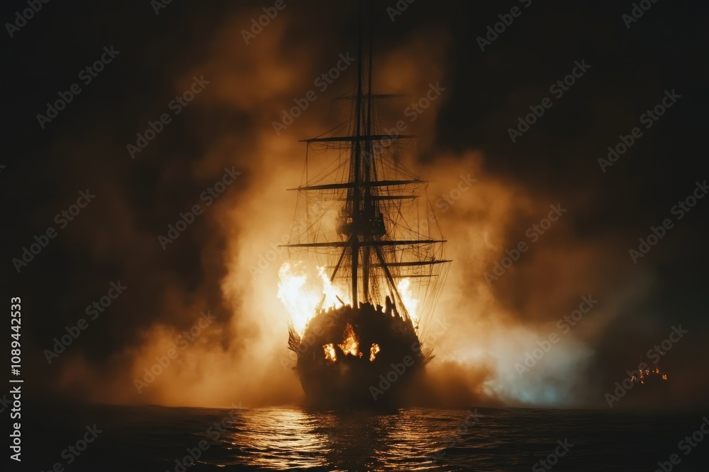 Obraz premium Pirate Ship Emerging from a Fiery Ocean Battle