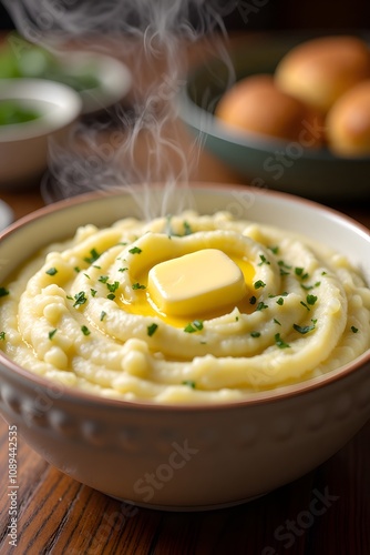 Hot creamy mashed potatoes with butter and chives in rustic bowl photo