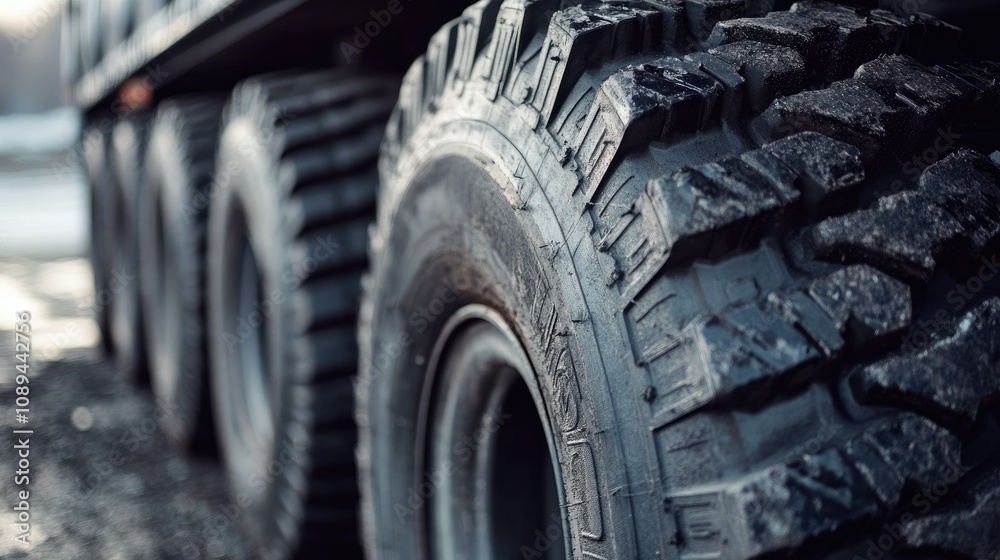 Low-angle view of trailer wheels, with details of the black tire tread and metal hub in focus. Low-angle view of trailer wheels, with details of the black tire tread and metal hub in focus.
