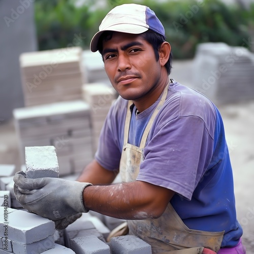 Bricklayer guy Brickmason masonry men construction worker photo