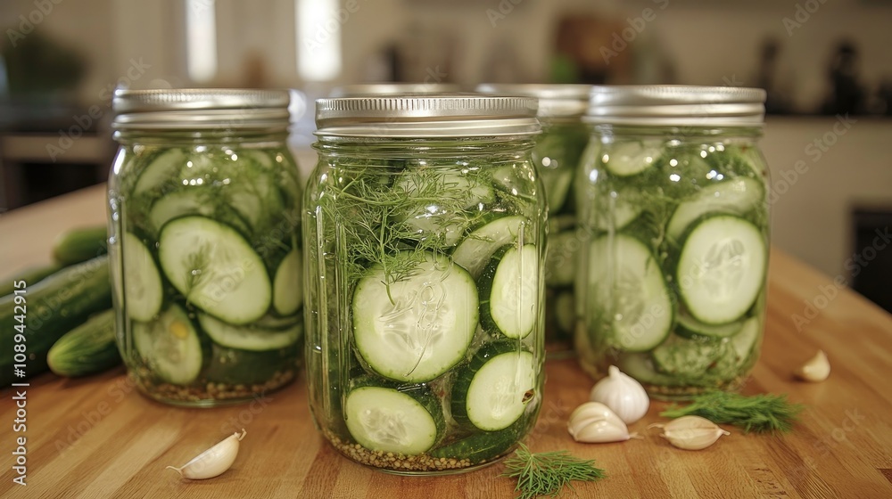 Mason jars filled with cucumbers and herbs, with garlic scattered around, placed on a wooden countertop Mason jars filled with cucumbers and herbs, with garlic scattered around, placed on a wooden countertop