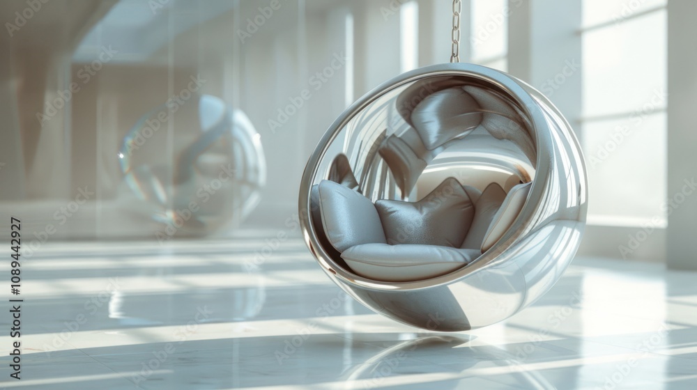 Modern chrome sphere chair in bright room. Modern chrome sphere chair in bright room.